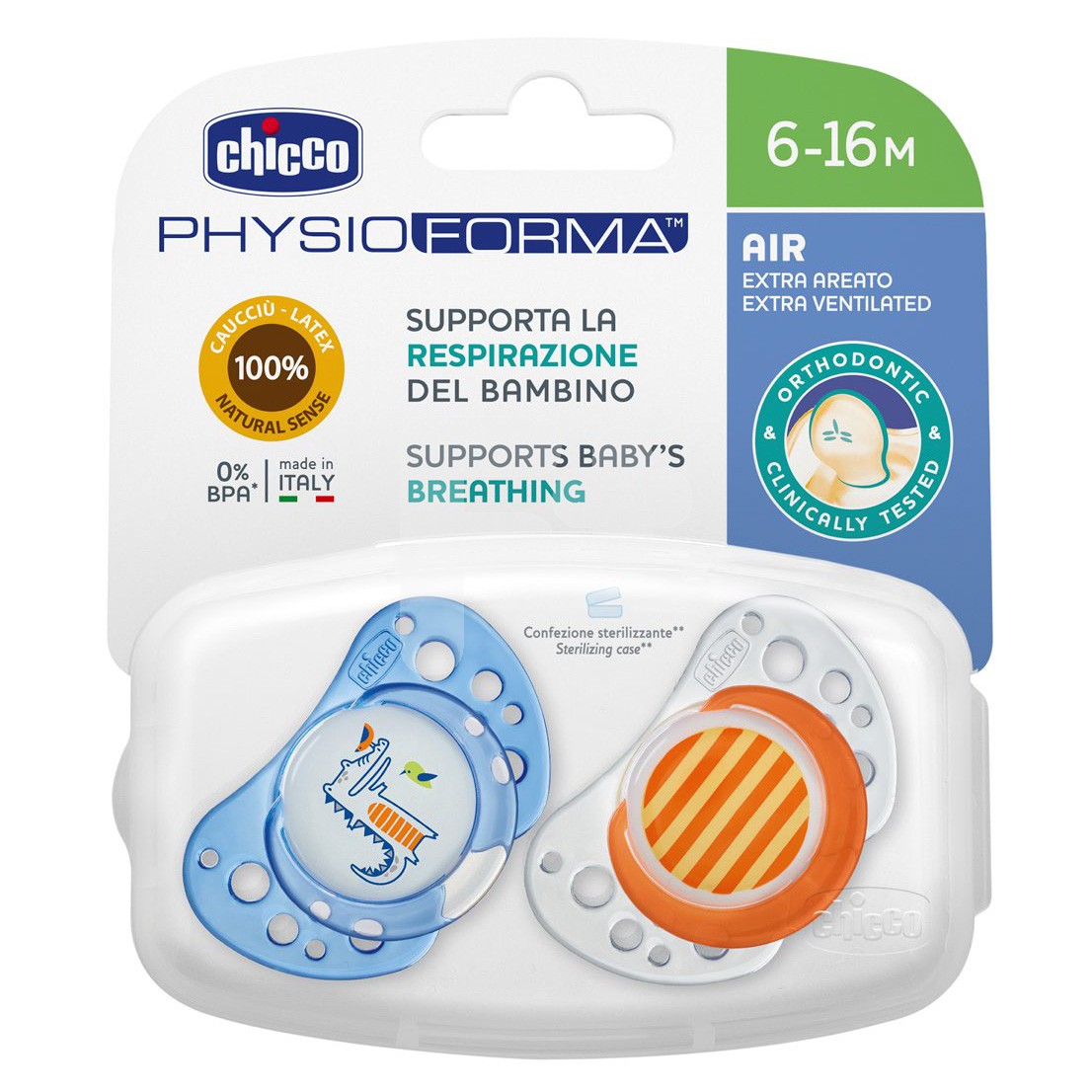 Chicco Chupete physio air caucho azul 6-12 meses 2uds